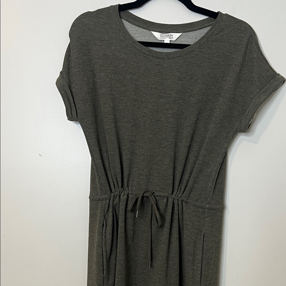 Casual Drawstring Short Sleeve Dress - Olive folded cap sleeve